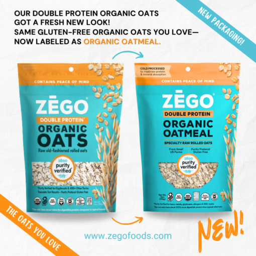 A graphic displays ZEGO's updated Double Protein Oatmeal packaging.