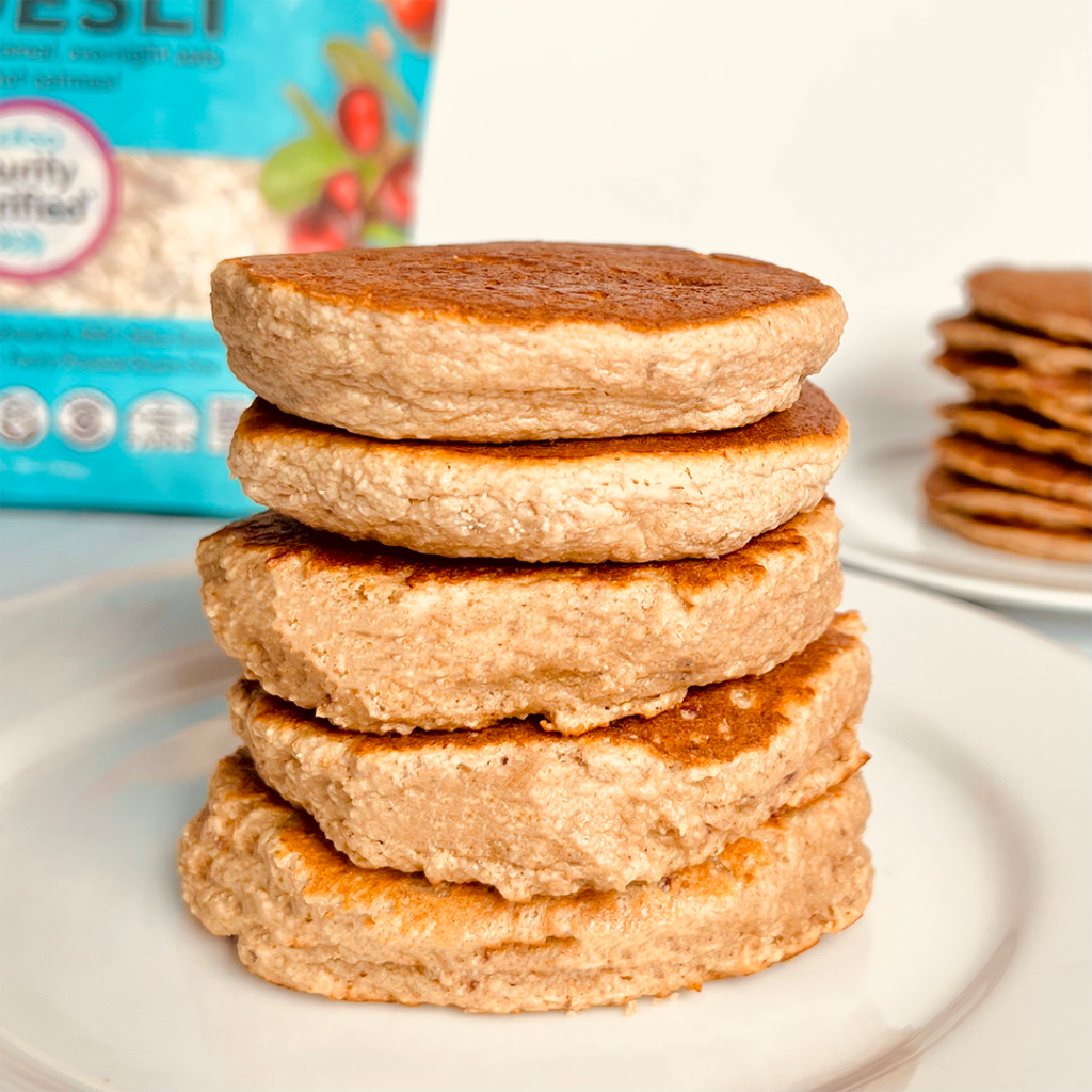 Muesli-based gluten-free vegan pancake stack