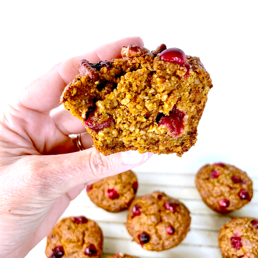 close up of cranberry pecan protein muffins