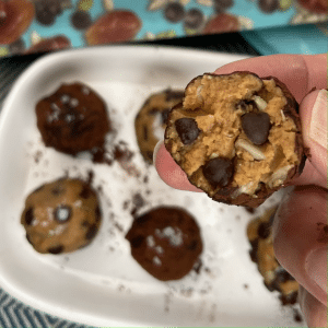 peanut butter chocolate protein ball close up