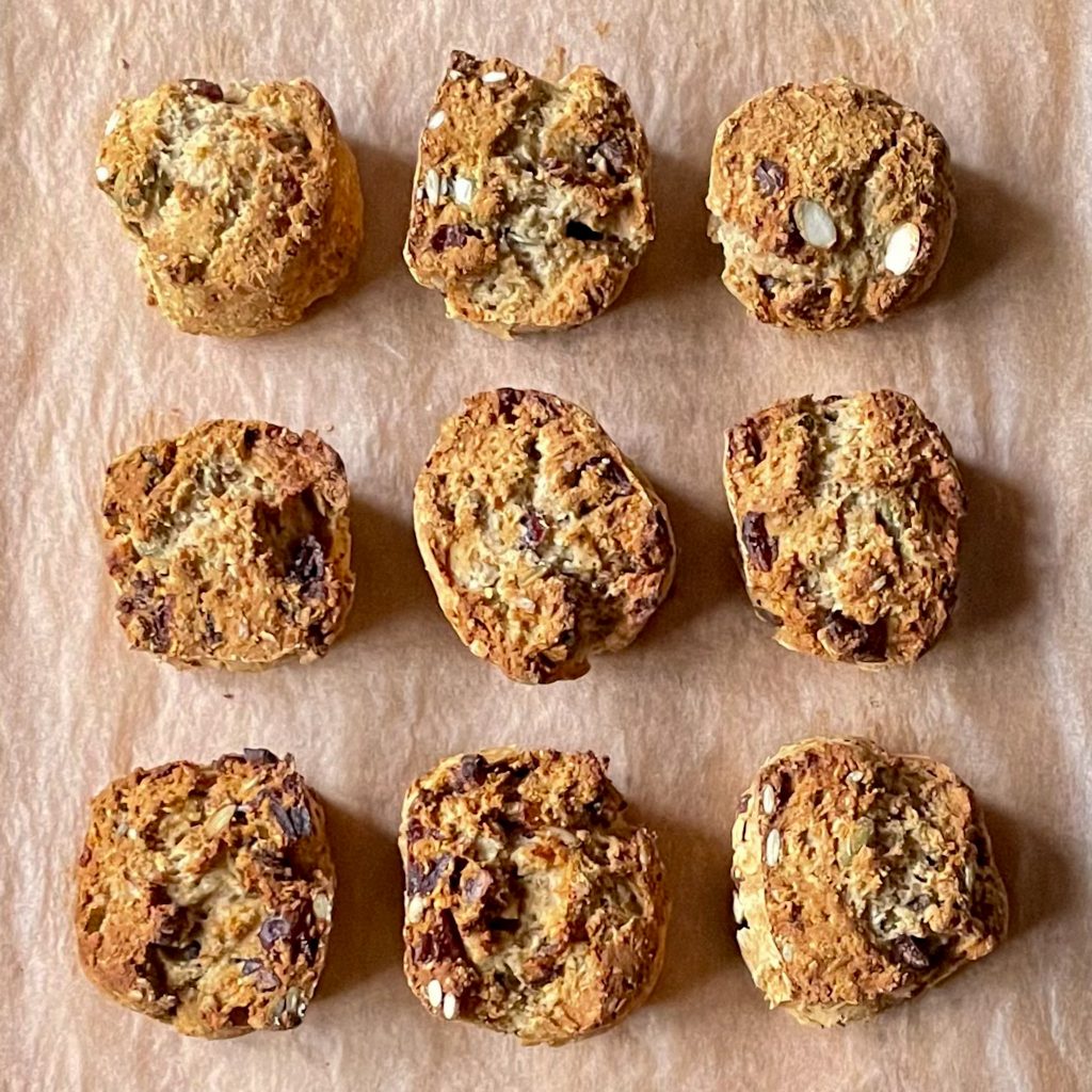 gluten-free scone circles made from oat flour, seeds, and fruit