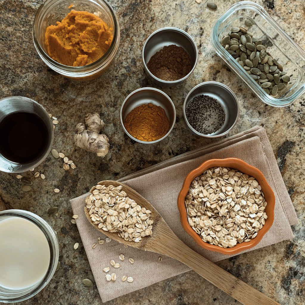 Containers of ingredients for making Anti-Inflammatory Turmeric Pumpkin Oats