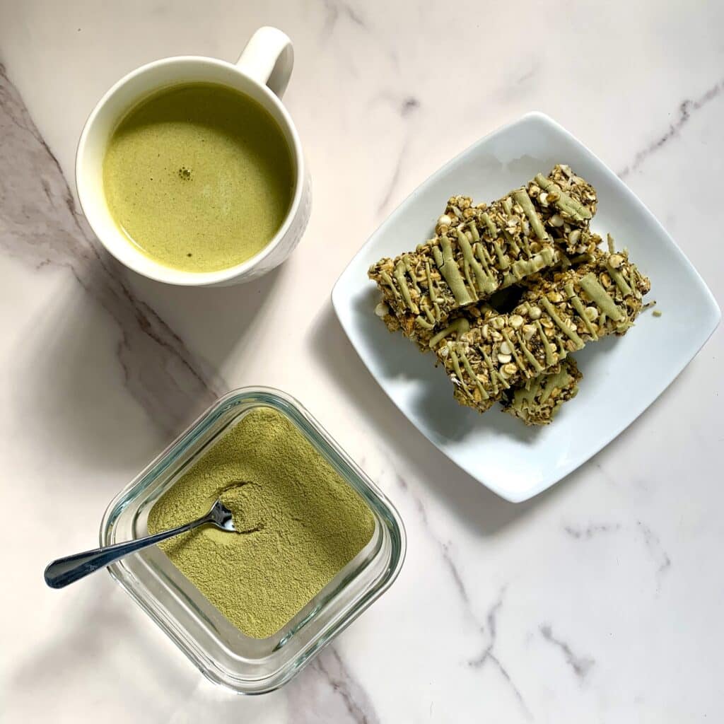 Mug of Matcha and Gluten-Free Matcha Blueberry Granola Bars