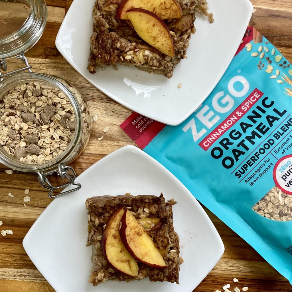 Cinnamon & Spice Baked Peach Oatmeal Slices with fresh peaches