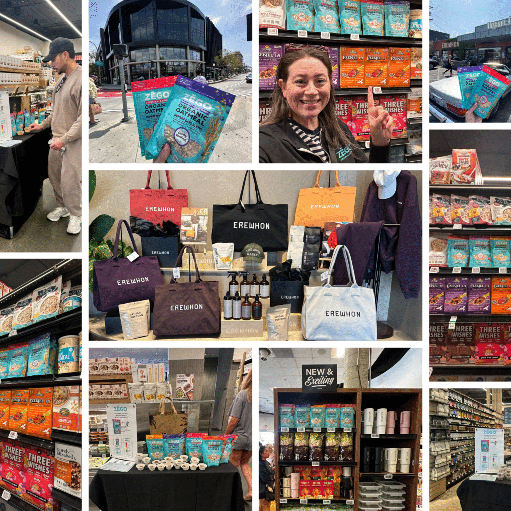 ZEGO products launching in Erewhon in Southern California, images of ZEGO products on shelves and demo tables with ZEGO products.
